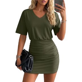 Women's Short Sleeve Ruched Bodycon Dress Casual V Neck Summer Cute Fitted Mini Dress in Kuwait