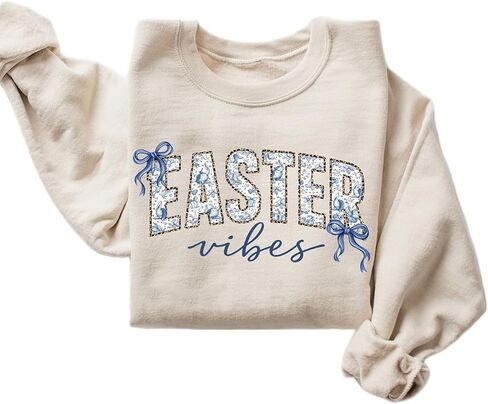 Easter Vibes Floral Sweatshirt for Women – Blue Bow Spring Holiday Crewneck Pullover in Kuwait