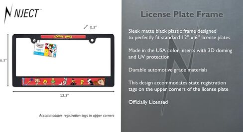 Officially Licensed Looney Tunes Characters Automotive-Grade Plastic 3D Doming Standard Black License Plate Frame Tag Holder for Cars/SUVs/Trucks - Weatherproof in Kuwait
