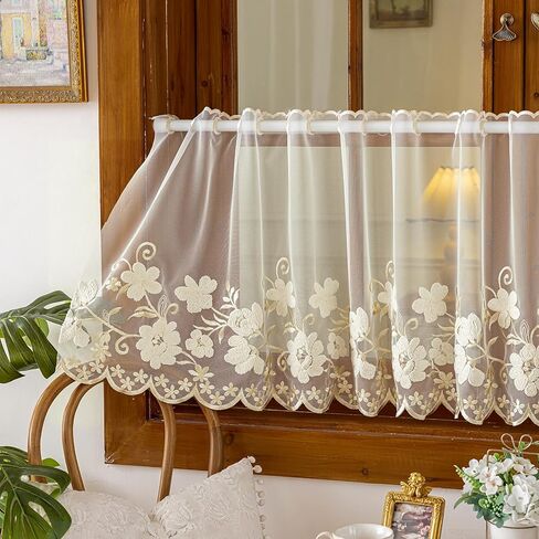 VOGOL Beige Sheer Lace Valance, Floral Embroidered Short Curtain for Kitchen Window, Grommet Rustic Farmhouse Window Topper for Bathroom & Living Room, W55 x L24, 1 Panel in Saudi Arabia