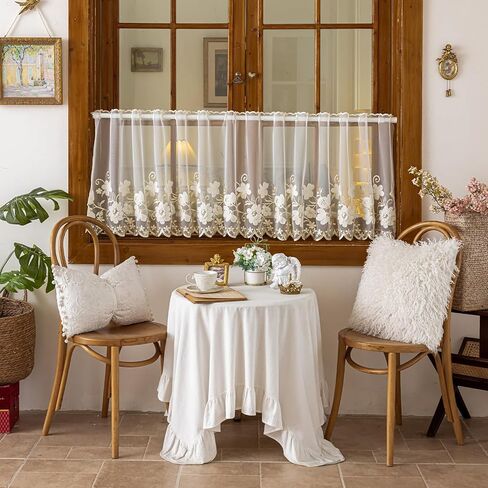 VOGOL Beige Sheer Lace Valance, Floral Embroidered Short Curtain for Kitchen Window, Grommet Rustic Farmhouse Window Topper for Bathroom & Living Room, W55 x L24, 1 Panel in Saudi Arabia
