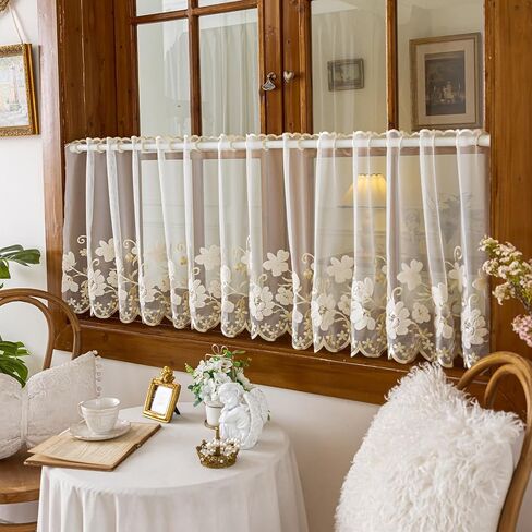 VOGOL Beige Sheer Lace Valance, Floral Embroidered Short Curtain for Kitchen Window, Grommet Rustic Farmhouse Window Topper for Bathroom & Living Room, W55 x L24, 1 Panel in Saudi Arabia