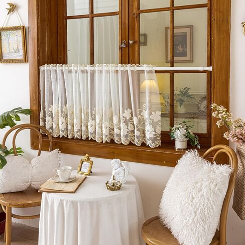 VOGOL Beige Sheer Lace Valance, Floral Embroidered Short Curtain for Kitchen Window, Grommet Rustic Farmhouse Window Topper for Bathroom & Living Room, W55 x L24, 1 Panel in Saudi Arabia