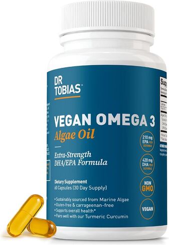 Dr. Tobias Vegan Omega 3 Algae Oil, 1400mg Vegan Omega 3 Supplement with Extra-Strength Vegan DHA EPA, Non-GMO, Gluten-Free, Marine Algae Omega 3 Vegan, 420mg DHA & 210mg EPA, 60 Capsules, 30 Servings in Kuwait
