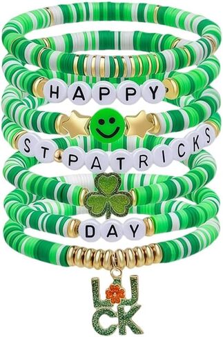 7-Piece St. Patrick's Day Bracelets,Green Clay Elastic Stackable Set with Shamrock & Luck Charms,Irish Themed Jewelry,Stretch Bracelets for Men & Women,Holiday Gifts & Party Favors in Kuwait