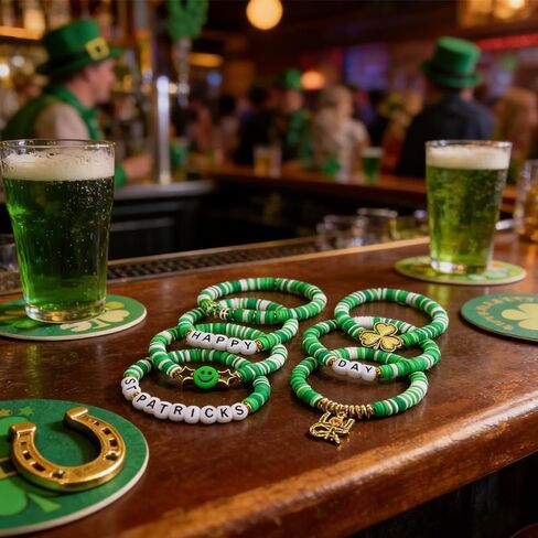 7-Piece St. Patrick's Day Bracelets,Green Clay Elastic Stackable Set with Shamrock & Luck Charms,Irish Themed Jewelry,Stretch Bracelets for Men & Women,Holiday Gifts & Party Favors in Kuwait