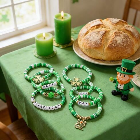 7-Piece St. Patrick's Day Bracelets,Green Clay Elastic Stackable Set with Shamrock & Luck Charms,Irish Themed Jewelry,Stretch Bracelets for Men & Women,Holiday Gifts & Party Favors in Kuwait