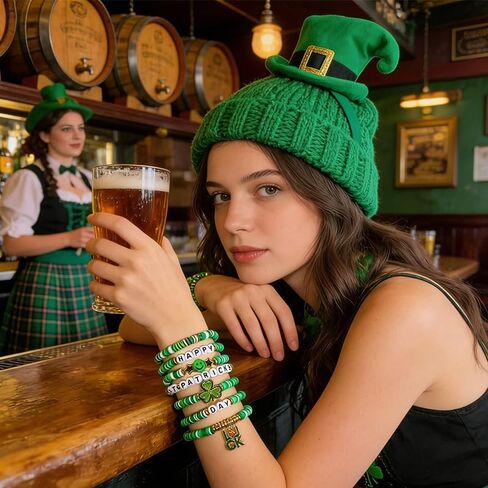 7-Piece St. Patrick's Day Bracelets,Green Clay Elastic Stackable Set with Shamrock & Luck Charms,Irish Themed Jewelry,Stretch Bracelets for Men & Women,Holiday Gifts & Party Favors in Kuwait