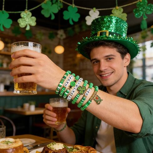 7-Piece St. Patrick's Day Bracelets,Green Clay Elastic Stackable Set with Shamrock & Luck Charms,Irish Themed Jewelry,Stretch Bracelets for Men & Women,Holiday Gifts & Party Favors in Kuwait