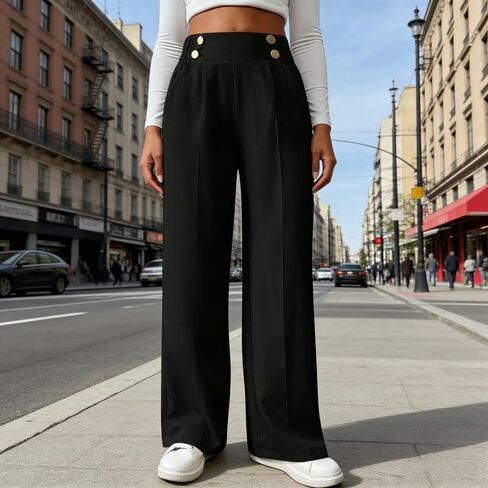 Women's Wide Straight Leg Work Pants, 1pc Casual Double-Buckle Elegant Pants, High Waisted Trousers with Pockets in Saudi Arabia