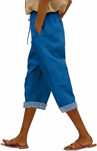 Womens Cotton Linen Capri Pants Loose Casual Summer Pants with Pockets Elastic High Waist Cropped Wide Leg Trousers in Saudi Arabia