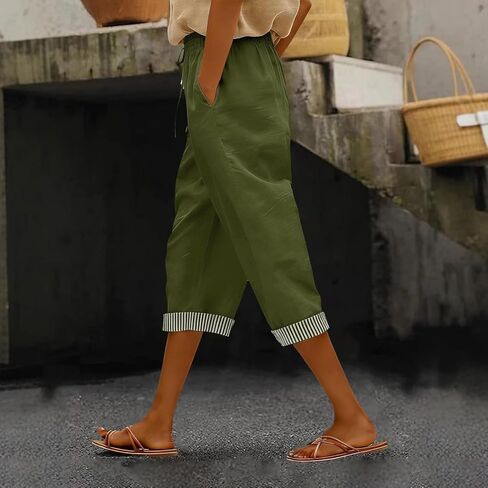 Womens Cotton Linen Capri Pants Loose Casual Summer Pants with Pockets Elastic High Waist Cropped Wide Leg Trousers in Saudi Arabia