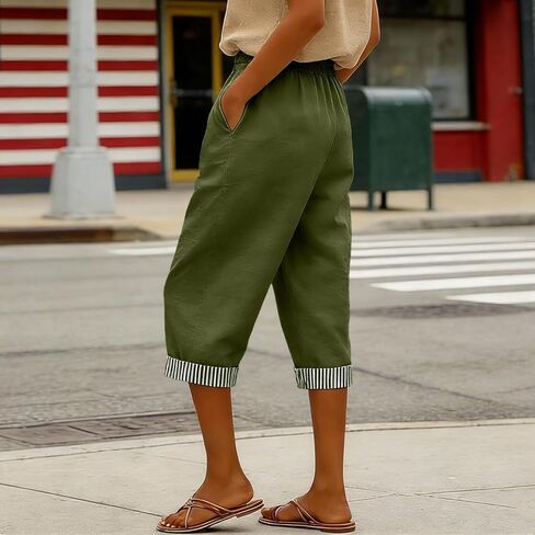 Womens Cotton Linen Capri Pants Loose Casual Summer Pants with Pockets Elastic High Waist Cropped Wide Leg Trousers in Saudi Arabia