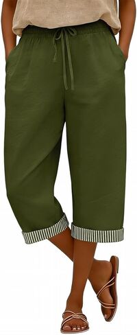 Womens Cotton Linen Capri Pants Loose Casual Summer Pants with Pockets Elastic High Waist Cropped Wide Leg Trousers in Saudi Arabia