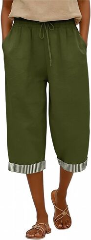Womens Cotton Linen Capri Pants Loose Casual Summer Pants with Pockets Elastic High Waist Cropped Wide Leg Trousers in Saudi Arabia