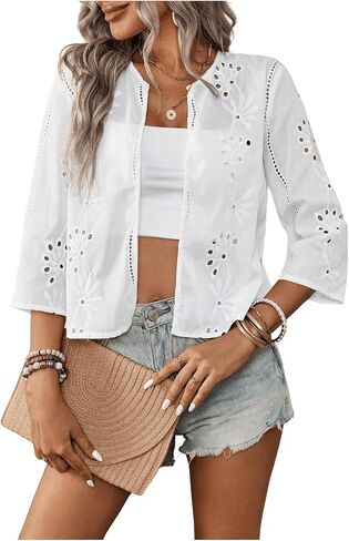 OYOANGLE Women's Eyelet Embroidery Open Front Lightweight Cardigan 3/4 Sleeve Outerwear in Saudi Arabia