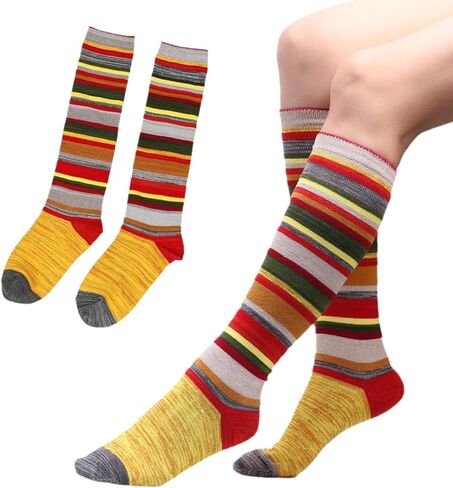 2 أزواج إمرأة بنات تأثيري مخطط جوارب طويلة إلى الركب جوارب مضحك الجدة رياضي طويل جوارب أنبوبية تدفئة الساق in Kuwait