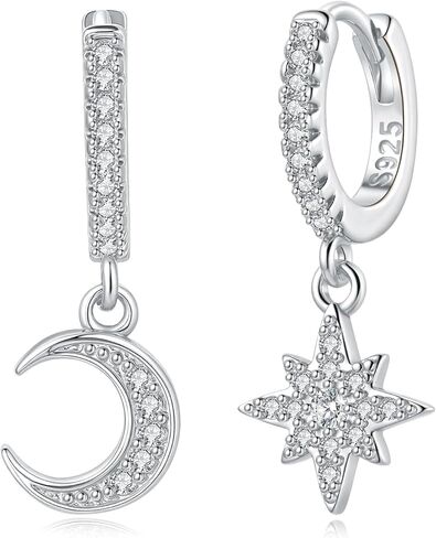 925 Sterling Silver Huggie Earrings for Women, Moon and Star Drop Earring Cute Celestial Jewelry Gifts for Everyday Wear in Saudi Arabia