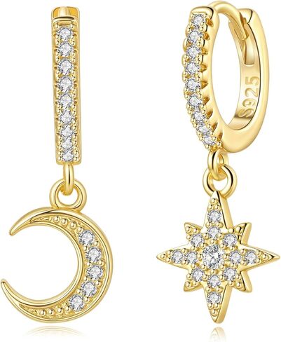 925 Sterling Silver Huggie Earrings for Women, Moon and Star Drop Earring Cute Celestial Jewelry Gifts for Everyday Wear in Saudi Arabia