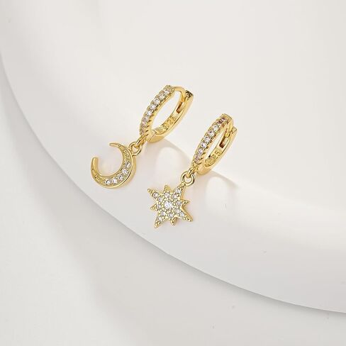 925 Sterling Silver Huggie Earrings for Women, Moon and Star Drop Earring Cute Celestial Jewelry Gifts for Everyday Wear in Saudi Arabia