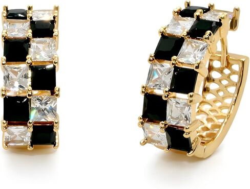 Checkered Earrings for Women, Black White Rhinestone Hoop, Gold Plated Checkerboard Huggie Hoops for Stylish Daily Outfits Jewelry Gifts in Saudi Arabia