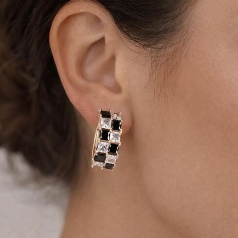 Checkered Earrings for Women, Black White Rhinestone Hoop, Gold Plated Checkerboard Huggie Hoops for Stylish Daily Outfits Jewelry Gifts in Saudi Arabia