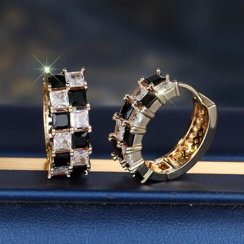Checkered Earrings for Women, Black White Rhinestone Hoop, Gold Plated Checkerboard Huggie Hoops for Stylish Daily Outfits Jewelry Gifts in Saudi Arabia
