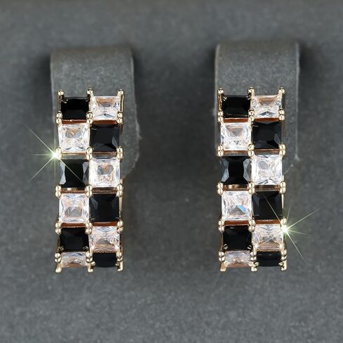 Checkered Earrings for Women, Black White Rhinestone Hoop, Gold Plated Checkerboard Huggie Hoops for Stylish Daily Outfits Jewelry Gifts in Saudi Arabia