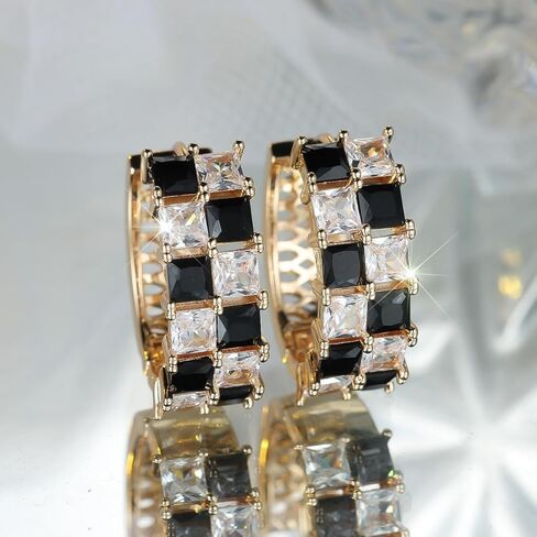 Checkered Earrings for Women, Black White Rhinestone Hoop, Gold Plated Checkerboard Huggie Hoops for Stylish Daily Outfits Jewelry Gifts in Saudi Arabia