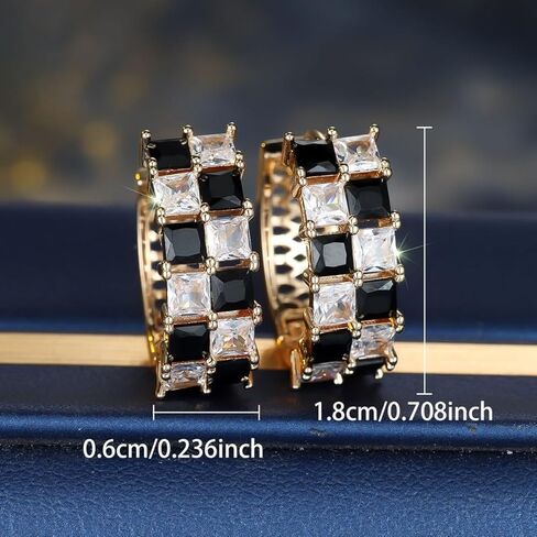 Checkered Earrings for Women, Black White Rhinestone Hoop, Gold Plated Checkerboard Huggie Hoops for Stylish Daily Outfits Jewelry Gifts in Saudi Arabia