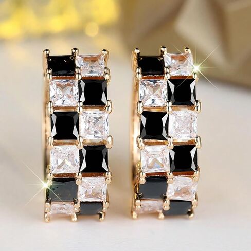 Checkered Earrings for Women, Black White Rhinestone Hoop, Gold Plated Checkerboard Huggie Hoops for Stylish Daily Outfits Jewelry Gifts in Saudi Arabia