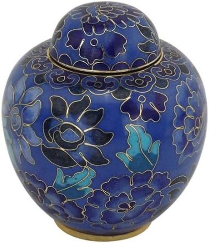 Azure Blue Cloisonne Keepsake Cremation Urn for Ashes, Metal, Blue Enameled Urn, Keepsake Sized Cremation Urn, 3 Inches High in Kuwait