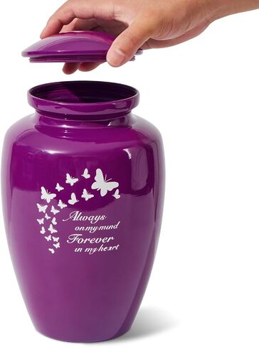 جرة نيوتو للرماد للنساء، جرة كبيرة بارتفاع 25.4 سم للرماد البشري للإناث البالغات مصنوعة من سبائك الألومنيوم، أوعية حرق جنازة مزخرفة على شكل فراشة أرجوانية للأم/الأم/المرأة in Kuwait