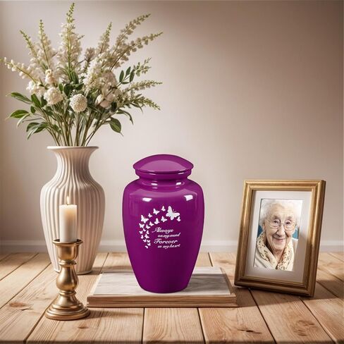 جرة نيوتو للرماد للنساء، جرة كبيرة بارتفاع 25.4 سم للرماد البشري للإناث البالغات مصنوعة من سبائك الألومنيوم، أوعية حرق جنازة مزخرفة على شكل فراشة أرجوانية للأم/الأم/المرأة in Kuwait