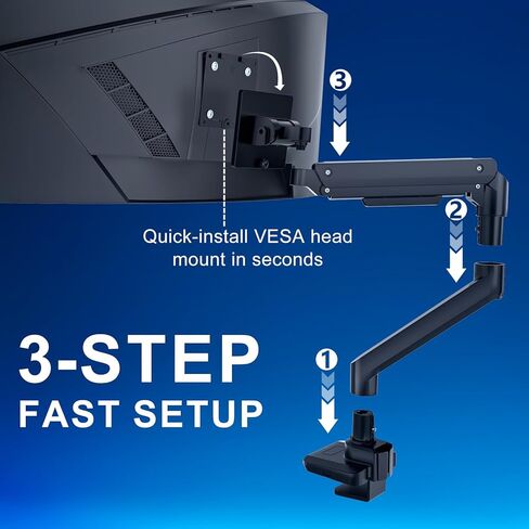 WALI 24-57" Monitor Arm, Heavy Duty Gas Spring Desk Mount for Ultrawide Flat and Curved Screen Up to 59.4lbs, VESA 75x75 to 200x200 (GSMU001XL-P), Black in Kuwait