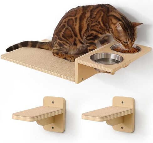 أرفف حائط للقطط من فوكومارو، مجموعة أثاث حائط للقطط 3 في 1، محطة طعام للقطط مع درجتين للحائط، مجثم قطط من الخشب المطاطي الصلب، مناسبة للعب القطط، والقيلولة، وتناول الطعام، وصالة الألعاب الرياضية الجدارية في الغابة in Kuwait