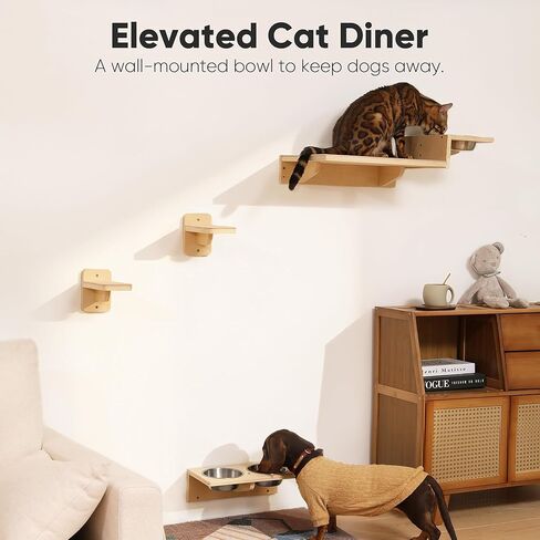 أرفف حائط للقطط من فوكومارو، مجموعة أثاث حائط للقطط 3 في 1، محطة طعام للقطط مع درجتين للحائط، مجثم قطط من الخشب المطاطي الصلب، مناسبة للعب القطط، والقيلولة، وتناول الطعام، وصالة الألعاب الرياضية الجدارية في الغابة in Kuwait