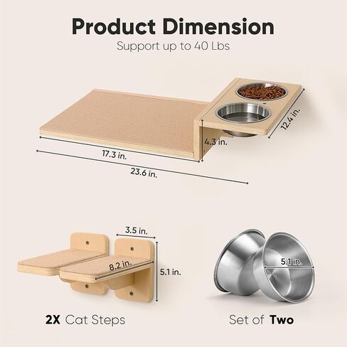 أرفف حائط للقطط من فوكومارو، مجموعة أثاث حائط للقطط 3 في 1، محطة طعام للقطط مع درجتين للحائط، مجثم قطط من الخشب المطاطي الصلب، مناسبة للعب القطط، والقيلولة، وتناول الطعام، وصالة الألعاب الرياضية الجدارية في الغابة in Kuwait