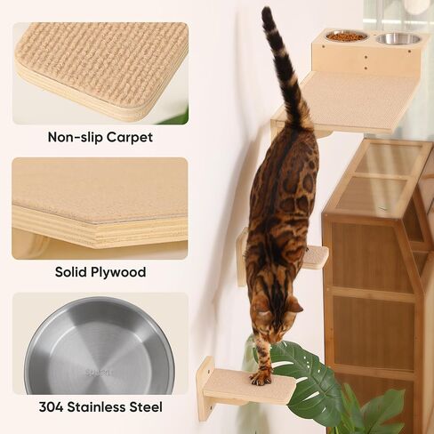 أرفف حائط للقطط من فوكومارو، مجموعة أثاث حائط للقطط 3 في 1، محطة طعام للقطط مع درجتين للحائط، مجثم قطط من الخشب المطاطي الصلب، مناسبة للعب القطط، والقيلولة، وتناول الطعام، وصالة الألعاب الرياضية الجدارية في الغابة in Kuwait