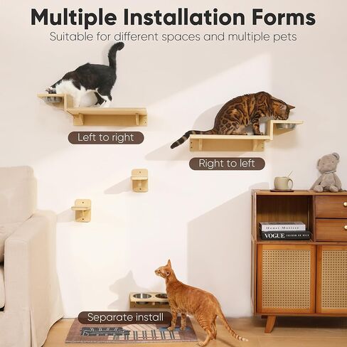 أرفف حائط للقطط من فوكومارو، مجموعة أثاث حائط للقطط 3 في 1، محطة طعام للقطط مع درجتين للحائط، مجثم قطط من الخشب المطاطي الصلب، مناسبة للعب القطط، والقيلولة، وتناول الطعام، وصالة الألعاب الرياضية الجدارية في الغابة in Kuwait