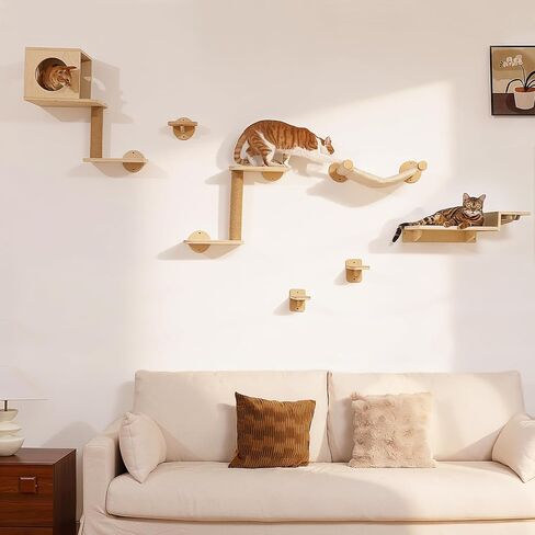 أرفف حائط للقطط من فوكومارو، مجموعة أثاث حائط للقطط 3 في 1، محطة طعام للقطط مع درجتين للحائط، مجثم قطط من الخشب المطاطي الصلب، مناسبة للعب القطط، والقيلولة، وتناول الطعام، وصالة الألعاب الرياضية الجدارية في الغابة in Kuwait