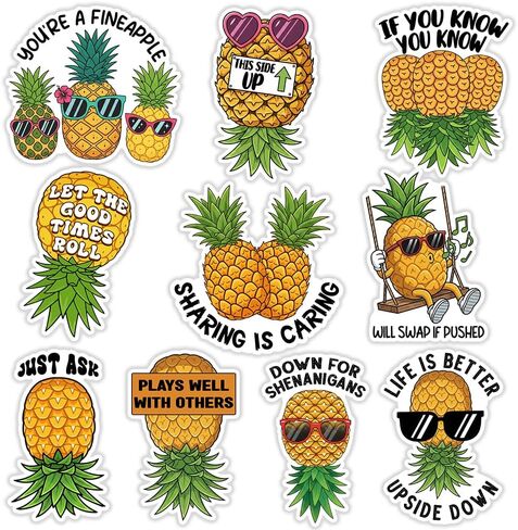 SODAVA (10pcs, 3in) Funny Pineapple Sticker Pack, Tropical Vinyl Decals for Water Bottle, Laptop, Car & Cooler, Summer Beach Humor Stickers for Adults & Teens, Tropical Fruit Gift Idea in Saudi Arabia