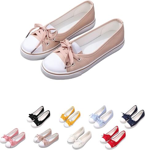 Women's Fashion Canvas Ballet Flats - Dopamine Color Block Upper- Lace-Up Design- Lightweight Anti-Slip Sole- Breathable Lining- Versatile Casual Shoes for Daily Wear. in Kuwait