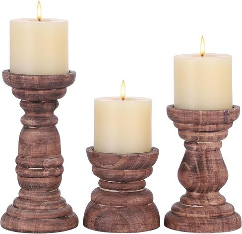 مجموعة حوامل شموع على شكل عمود خشبي ريفي مكونة من 3 قطع باللون البني المتعثر، طراز فلورنسا، حامل شموع خشبي للمزرعة، حامل شموع خشبي، حاملات شموع خشبية صغيرة، غرفة المعيشة، قطعة مركزية للطاولة in Kuwait