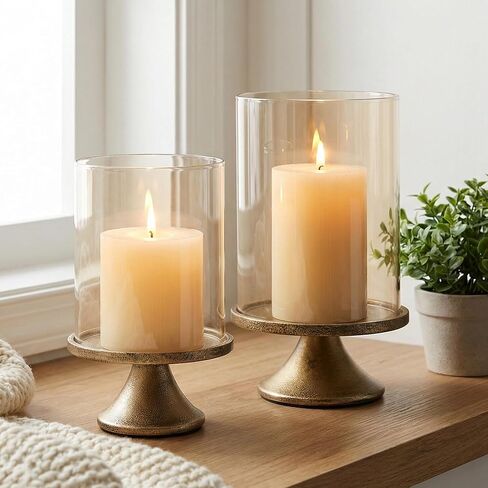 Set of 2 Hurricane Candle Holder Set with Glass Dome & Iron Base – Elegant Decorative Pillar Candle Holders for Living Room, Dining Room & Bedroom Centerpiece - Ideal Home Décor in Saudi Arabia