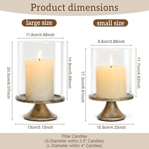 Set of 2 Hurricane Candle Holder Set with Glass Dome & Iron Base – Elegant Decorative Pillar Candle Holders for Living Room, Dining Room & Bedroom Centerpiece - Ideal Home Décor in Saudi Arabia