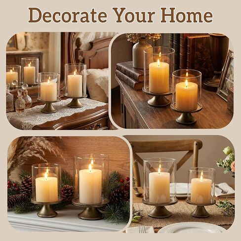 Set of 2 Hurricane Candle Holder Set with Glass Dome & Iron Base – Elegant Decorative Pillar Candle Holders for Living Room, Dining Room & Bedroom Centerpiece - Ideal Home Décor in Saudi Arabia