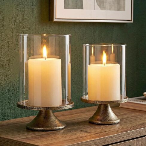 Set of 2 Hurricane Candle Holder Set with Glass Dome & Iron Base – Elegant Decorative Pillar Candle Holders for Living Room, Dining Room & Bedroom Centerpiece - Ideal Home Décor in Saudi Arabia