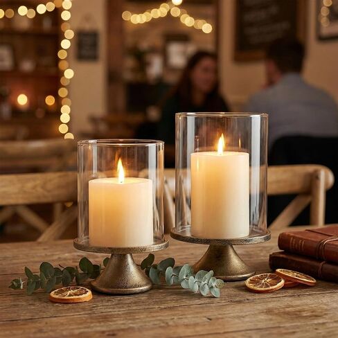Set of 2 Hurricane Candle Holder Set with Glass Dome & Iron Base – Elegant Decorative Pillar Candle Holders for Living Room, Dining Room & Bedroom Centerpiece - Ideal Home Décor in Saudi Arabia