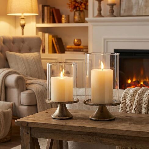 Set of 2 Hurricane Candle Holder Set with Glass Dome & Iron Base – Elegant Decorative Pillar Candle Holders for Living Room, Dining Room & Bedroom Centerpiece - Ideal Home Décor in Saudi Arabia